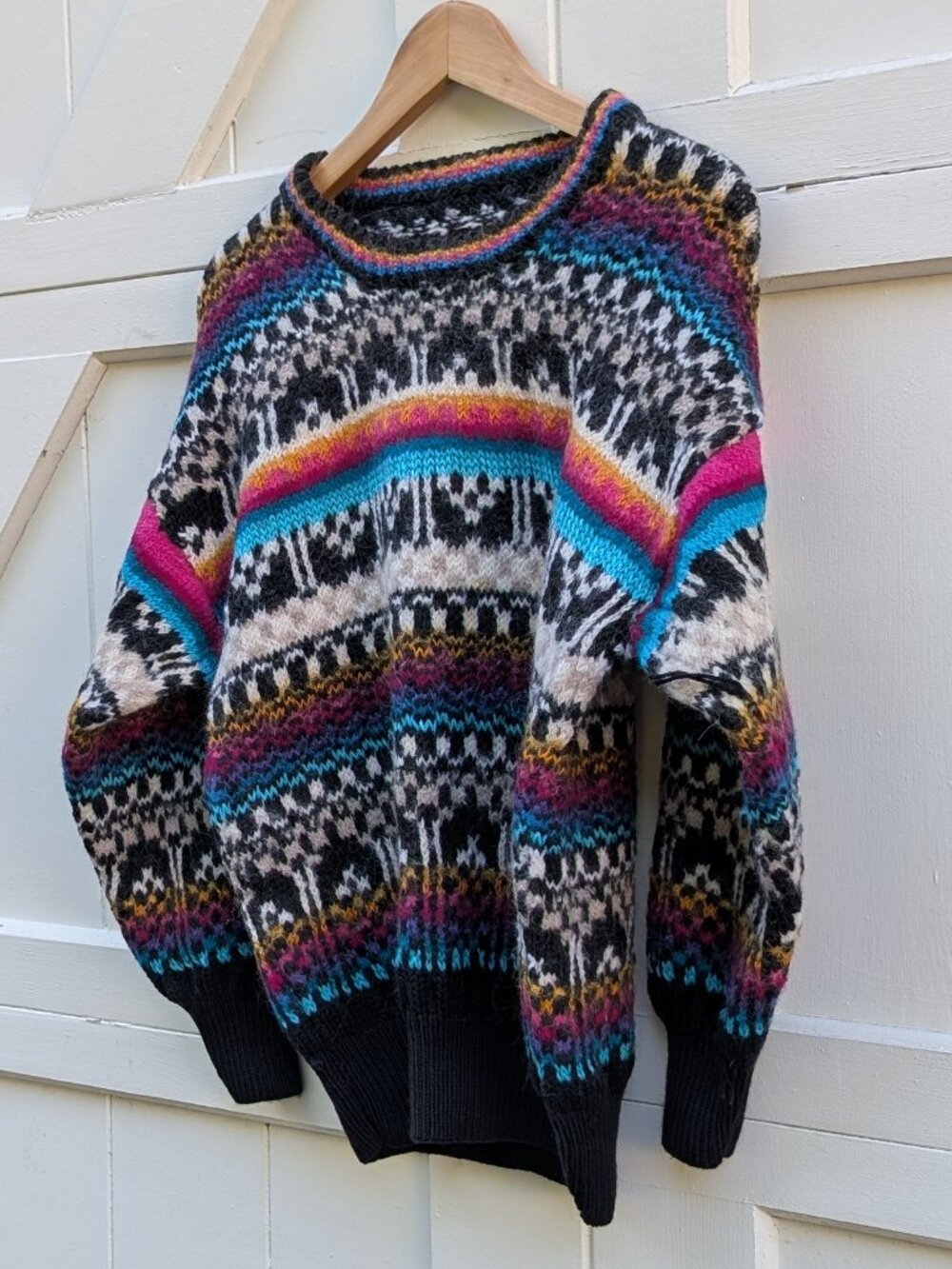 Vintage 80s 90s Neon Rainbow Fair Isle Chunky Knit Crewneck Sweater M L